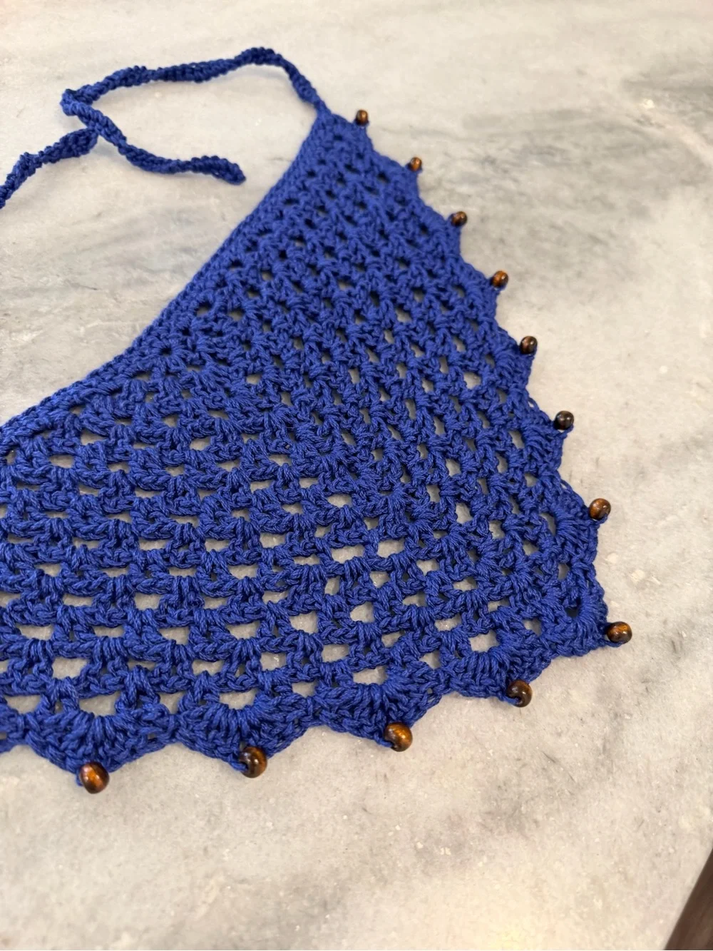 Handmade Crochet Wood Beaded Kerchief Head Scarf Cotton Boho Bandana Cottagecore